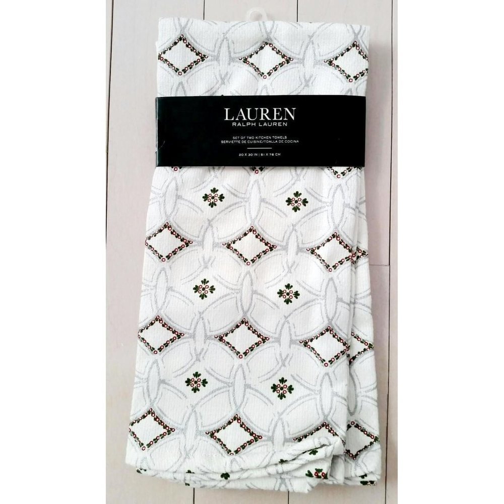 LAUREN Ralph Lauren Set  of 2 KITCHEN TOWELS Holiday 20" x 30" White Cotton